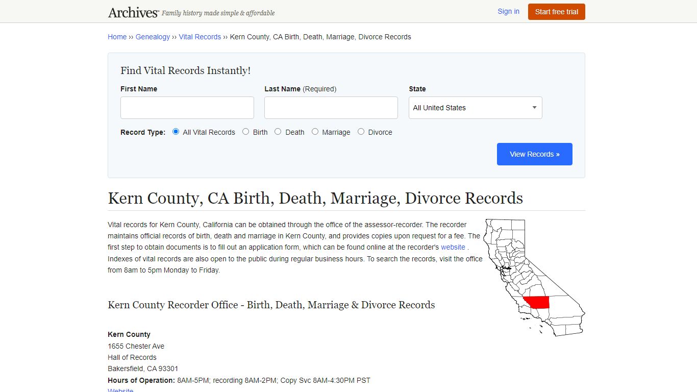 Kern County, CA Birth, Death, Marriage, Divorce Records